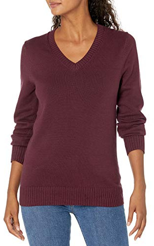 Amazon Essentials Maglione da Donna 100% Cotone a Maniche Lunghe con Scollo a V, Bordeaux, M