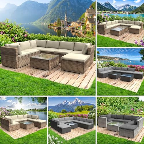 BRAST Gartenmöbel Lounge Set | 6-7 Personen viele Modelle & Farben | inkl. extra Dicke Kissen | Outdoor Loungemöbel Sitzgruppe Essgruppe Garnitur | Luxus Braun
