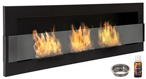 Biochimenea Negra Mate Nice-House 120x40cm 1200x400mm Chimenea de bioetanol para Colgar Directamente en la Pared o para Montar en una Apertura de Pared. Chimenea bioetanol con Vidrio