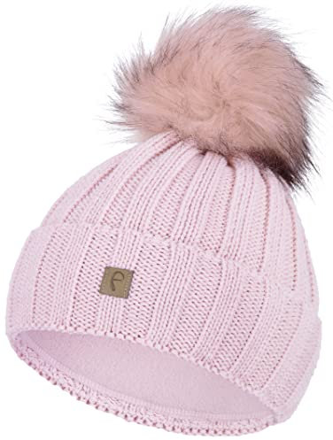Faera Bommelmütze Mütze Damen gefüttert Wintermütze Strickmütze Mädchen Fleecefutter Beanie 79, Farbe:Rose
