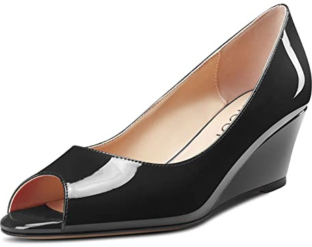 Aachcol Femmes Compensé Bloc Chunky Mi Talon Heel Escarpins Slip-on Ouvert Bout Dress Chaussures Bureau Party Vernis Noir 5 CM 45 EU