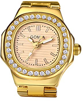 JewelryWe Reloj con Anillo, Reloj de Dedo, Reloj de Tamaño Ajustable, Reloj con Anillo Elástico, Caja Dorada con Esfera Oro