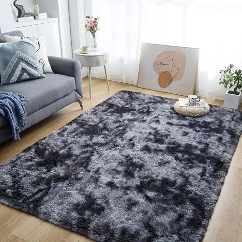 MOONLIGHT20015 Rugs Living Room Large 200x290 cm – Dark Grey Area Rugs for Bedroom Anti Slip – Modern Super Soft Thick Pile Fluffy Shaggy Rug - Plush Carpet Non Shedding Easy To Clean, Tye-Dye Grey