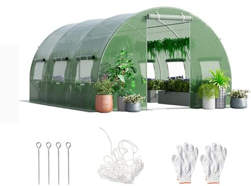 RELAX4LIFE Serre de Jardin 12m², Serre Tunnel de Jardin 4x3x2M avec Cadre en Acier Galvanisé, 2 Portes et 8 Fenêtres Enroulables, Housse PE pour Légumes, Fruits, Fleurs, Idéale pour Toutes Saisons