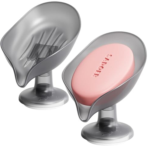 TAILI Self Draining Shower Soap Holder for Bathroom, Suction Soap Dish for Shower 2 Pack, Leaf-Shaped Free Standing Sponge Tray, Waterproof, Removable, Bathtub Organizer, Plastic Sink Holder, Grey