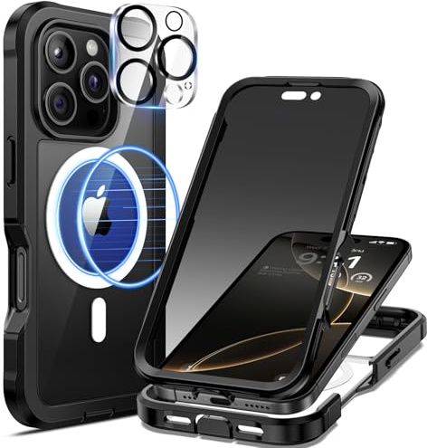 seacosmo för iPhone 16 Pro Max Privacy Skal, Kompatibelt med Magsafe, Anti-Peep Inbyggt Sekretess Skärmglas och Linsskydd i Härdat Glas, 360 Grader Stötsäkert Mobilskal, Magnetiskt Fodral, Svart