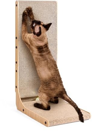 EHEYCIGA Kratzbrett Katze, 68 cm Hohe L Förmige Kratzpappe für Katzen, Hochdichtes Verschleißfestes Kratzmöbel mit Katzenspielzeug, Katzenkratzbrett für Wand und Ecke, Groß