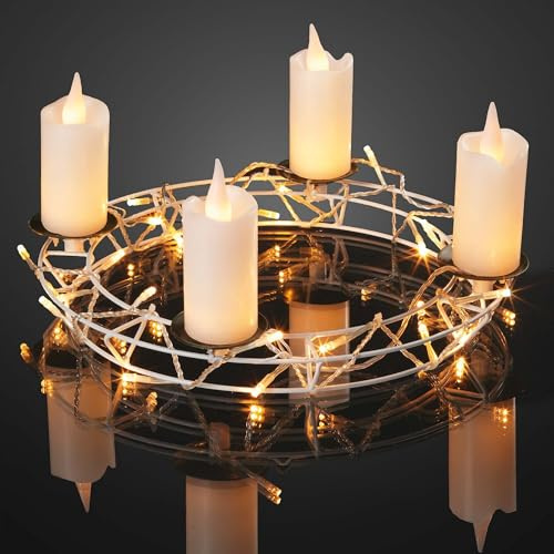hellum LED-vaxljus med metallkrans, dekoration för upphängning och ställning Ø 35 x 20 cm, 4 vita LED-ljus, varmvitt, metallkrans för ljus med ljusslinga, adventskrans, modern, vit, inomhus med