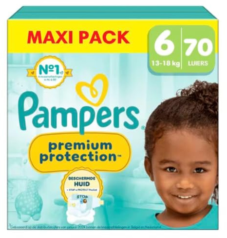 Pampers Premium Protection Taille 6, 70 Couches, 13kg-18kg, Double Protection Pour La Peau Et Contre Les Fuites