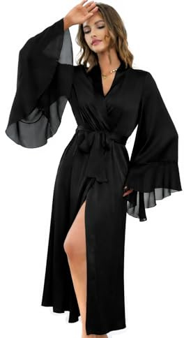 WADAYUYU Women’s Satin Long Black Robe with Ruffle Chiffon Sleeves Elegant Lightweight Sleepwear Kimono Bathrobe Small