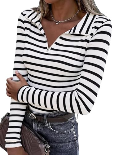 Aottori Maglia Donna Righe Maniche Lunghe Polo Cotone Coste Elegante Magliatta Mezza Zip Elasticizzato T-Shirt Sexy Top Basic Traspirante Leggero Primavera Bianco S