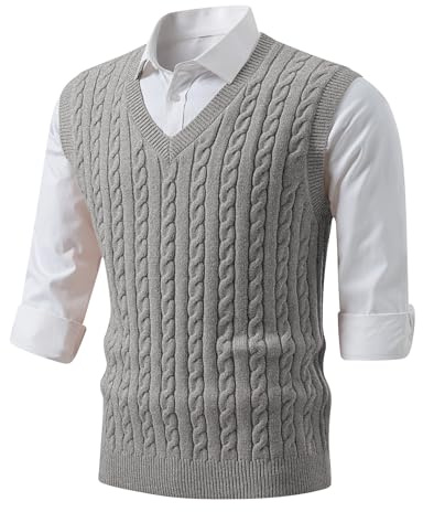 JMIERR Sweater Vest Men Old Money Early Fall Fashion Causal Sleeveless Cable Knitted V Neck Vests Gray