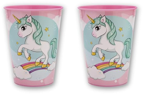 damaloo Einhorn Kinder Trinkbecher 2er Set – BPA frei Kunststoffbecher 260ml für Mädchen – Bruchsicher & Leicht – Plastikbecher für Wasser, Saft, Milch – Regenbogen Motiv