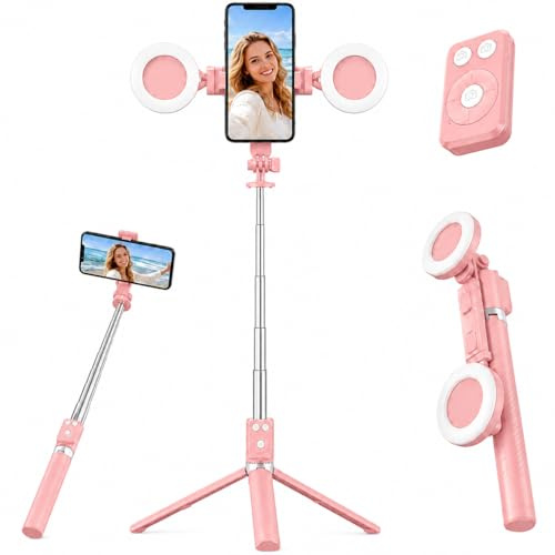 Selfie Stick Tripod with Light and Bluetooth Remote, 67 Extendable Mini Tripod Stand for iPhone Samsung Android, 6 in 1 Wireless Selfie Stick for TikTok YouTube Live Streaming(Pink)