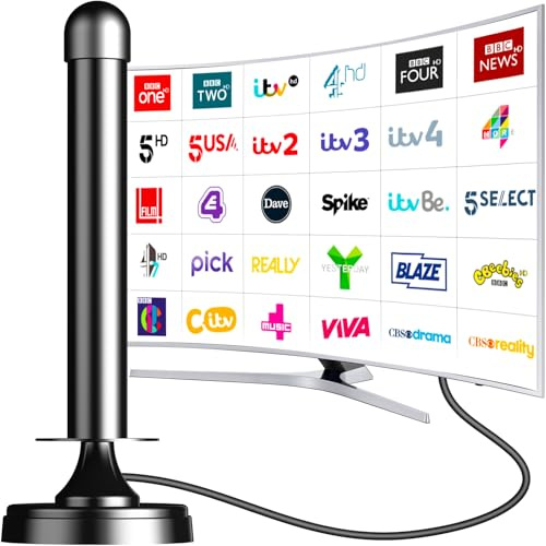 Indoor TV Aerial for Freeview, Magnetic Base, 360° Reception, VHF/UHF/DAB | Digital TV antenna with signal booster, 50+ mile range and DAB support for compatible Smart TVs and older televisions