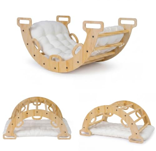 FANTASK Arche d'escalade 3 en 1 en bois avec coussin, triangle d'escalade d'intérieur pour bascule, escalade et ramper, cadre d'escalade Montessori, arc-en-ciel pour enfants à partir de 3 ans (naturel