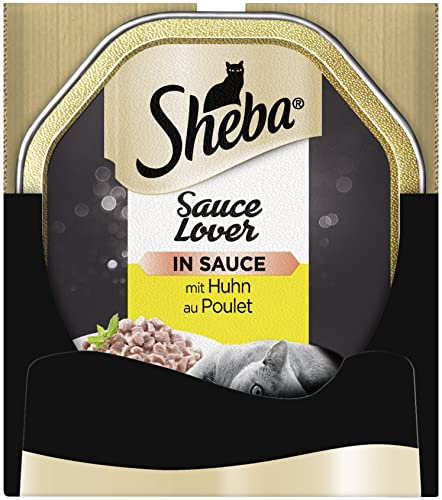 Sheba Sauce Lover – Feine Hühnerhäppchen mit Sauce für ausgewachsene Katzen – 22 x 85g Katzennahrung in der Schale