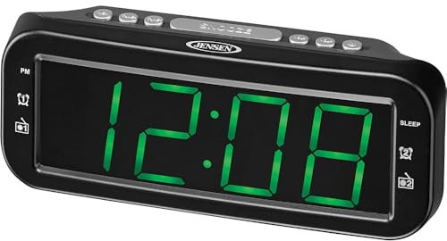 JENSEN JCR-206 Digital AM/FM Dual Alarm Clock Radio, Simple, Sleek Design with Large 1.8” Green LED Display, Aux Input, and Built-in Speaker