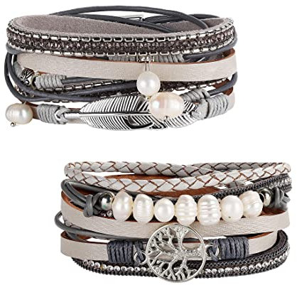 Milacolato 2 Stück Lederarmband Damen Boho Multilayer Baum Leder Armband Wrap Ledermanschettenarmbänder Grau Braun Schwarz Blau Magnetschnalle Armreifen Schmuck Geschenk Für Mutter Freunde
