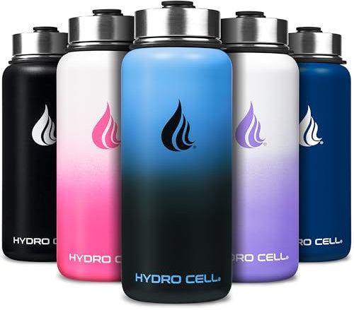 HYDRO CELL Stainless Steel Insulated Water Bottle with Straw - For Cold & Hot Drinks Metal Vacuum Flask Screw Cap and Modern Leakproof Sport Thermos Kids Adults (Blue/Black 32oz) (G9W-R4M8-S49G)