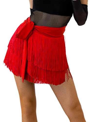 ELLYDOOR Fringe Dance Skirts for Women Teens Ballroom Latin Pencil Wrap Skirt Festive Rave Mini Skirt Red