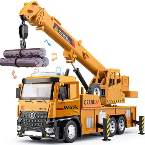 TAKGUD Crane Toy for Boys, 13.5 Large Crane Truck with Lights and Sounds, Open-able Doors, Friction Powered Construction Truck Toys Gift for Kids