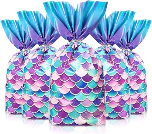 mciskin 50 pezzi Sacchetti di cellophane per caramelle a forma di sirena, sacchetti di cellophane per feste a tema sirena, sacchetti regalo decorativi per feste di compleanno per ragazze, forniture