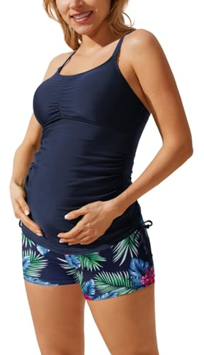 Maternity Tankini Swimsuits Pregnancy Bathing Suits Strappy Drawstring Navy Blue L
