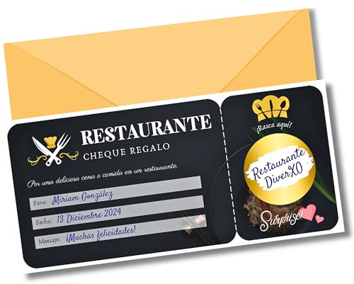 EQUIK PRODUCTS Vale regalo restaurante, cena | Vale regalo para rellenar | Tarjeta rascar | Regalo pareja original, regalo San Valentín, regalo Navidad | Cupón regalo personalizado (RESTAURANTE)