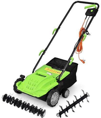 GOPLUS Scarificateur Électrique 2 en 1 avec 30LSac de Collecte, Aérateur de Pelouse avec Hauteur Réglable à 4 Niveaux, Poignée Pliable pour un Rangement Facile(Vert)