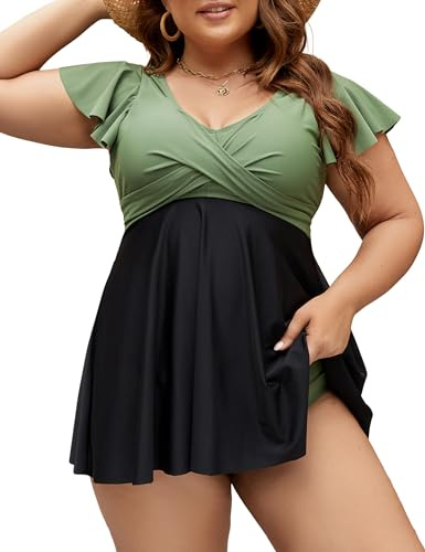 Edelqual Women's Plus Size Tankini Swimsuits Swim Dress Tummy Control Bathing Suits Two Piece Full Coverage High Waisted Modest Curvy Swimwear 2025(Army Green and Black,2XL)