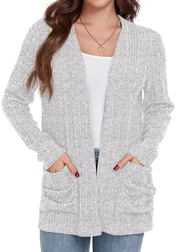 GRECERELLE Womens Cardigans Lightweight Casual Rib Classic Cardigans for Ladies with Pockets (Grey, L)