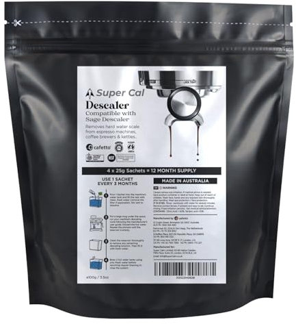 Super Cal Descaler - Compatible with Sage Descaler for Coffee Machines & Kettles - 4 x 25g Sachets - 12 Mth Supply | Made in Australia by same company that makes branded coffee machine descaler