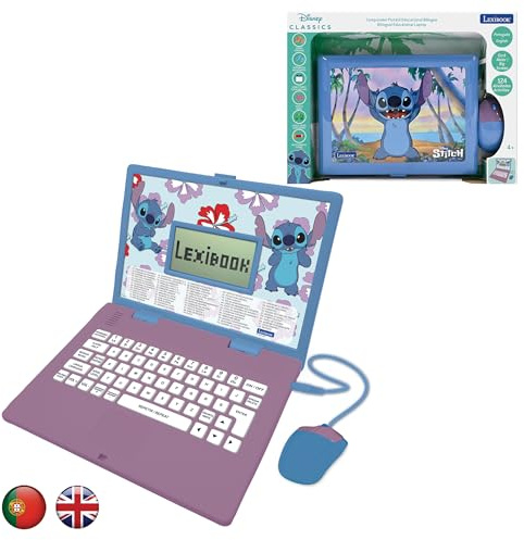Lexibook, Disney Stitch, Lern-Laptop Bilingue, Englisch, Português, 124 Linguagem-Aktivitäten, Schreiben, Mathematik, Logik, Musik und Jogos, für Kinder und Mädchen, JC598Di4