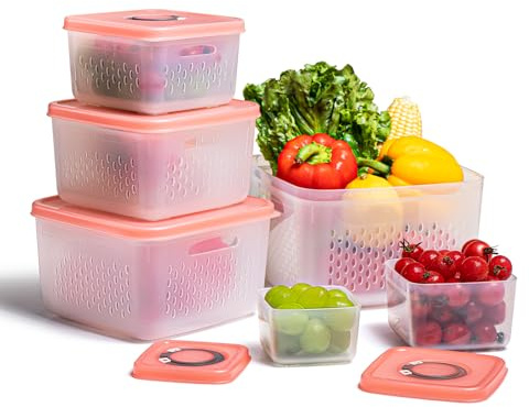 ANJUKE 6PCS (200ml-3700ml) Fruit Storage Containers for Fridge, All-in-One Airtight Food Storage Containers with Lids and 4 Removable Colanders for Washing, Draining, Freshness, date tracker(Pink)