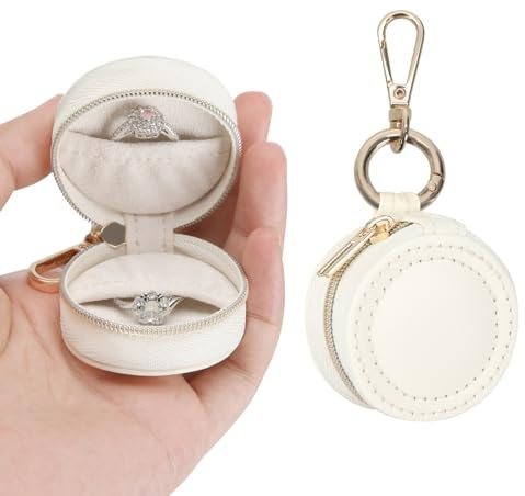 KUKUVR Jewelry Ring Holder Box with Keychain, Portable Gym Jewelry Storage Box Case, Small Travel Ring Earring Stud Necklace Storage Case (White)