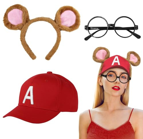 SAIIURV 3 Piezas Disfraz Ardilla Carnaval Señoras Diadema con Orejas para Niños, Juego Disfraces Animales, Gafas Gorra Roja Letra A, Chipmunks Disfraz Accessorie para fiestas de Navidad(Multicolor)