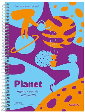 ADDITIO - Agenda primaria de 6 a 12 años | Planet | Agenda escolar 2025-26 | Semana a la vista | De septiembre 2025 a junio 2026 | Tamaño 15 x 21 cm | Español | Azul | Verde