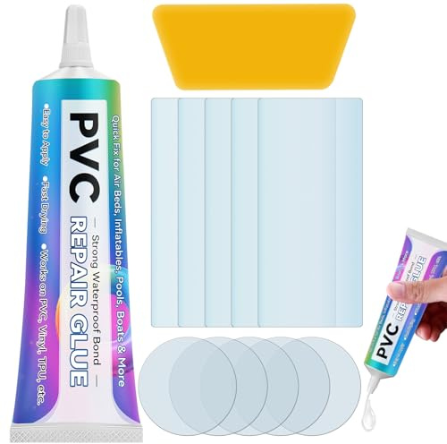 JOYAONE Set di riparazione in PVC per materassi gonfiabili, adesivo impermeabile da 60 ml e toppe in vinile per piscine, barche, tende, vasche idromassaggio, castelli gonfiabili ed esterni, flessibile