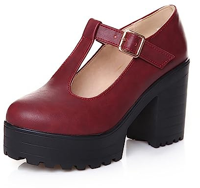 Mary Jane skor dam platå gotiska – pumps dam blockklack – chunky höga klackar T-rem halvskor spänne remsandaler blockklack högklackade skor slip-on loafers enstaka skor, röd, 39 EU