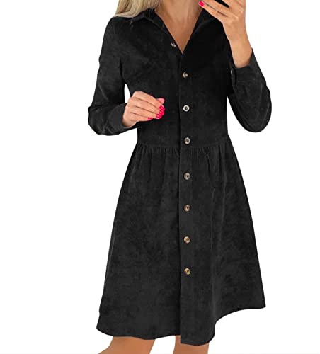 Robe élégante pour femme, manches longues, simple boutonnage, robe chemise, robe en velours côtelé uni, longs boutons, jupes chaudes, robe courte noire sexy, Noir , M