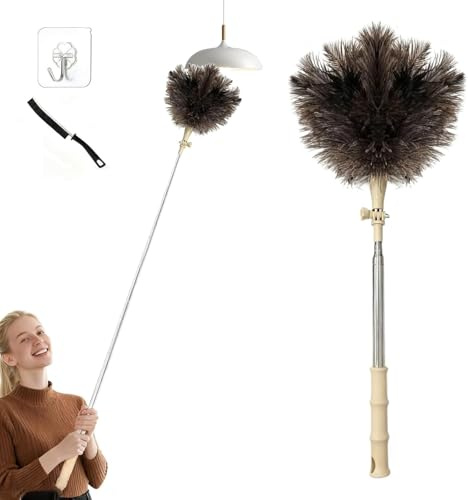 Plumero Telescópico de Plumas de Avestruz Natural, Plumero Atrapapolvo Extensible hasta 135 cm con Mango, Cabeza Giratoria y Accesorios Cepillo/Gancho para Telarañas, Techos, Muebles y Limpieza del Ho