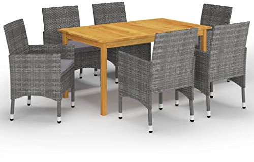 JHQHSM 7-TLG. Gruppo da giardino grigio in legno di acacia con sedie in rattan sintetico, tavolo da pranzo e set di sedute per terrazze, mobili da giardino resistenti alle intemperie con cuscini