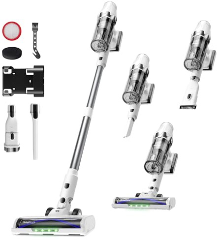 ElecKeys Akku Staubsauger 48000Pa/580W/65Min, Staubsauger Kabellos mit LED Display, Anti-Tangle-Bürste, Selbststehend, 7-Schicht-Filtration, Akkustaubsauger für Hartböden Teppiche Tierhaare, Weiß