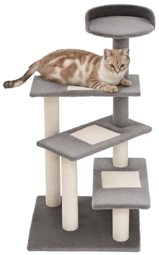 PawHut Kratzbaum 100 cm Katzenturm mit Sisalstämme, große Plattform, mehrstöckiger Katzenkratzbaum, Kletterbaum, für kleine Katzen, Beige+Grau