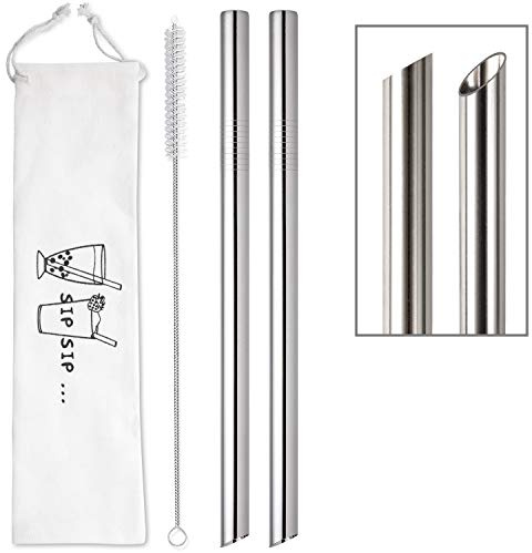 [Angled Tips] 2 Pcs Jumbo Reusable Bubble Tea Straws & Smoothie Straws, 0.5 Wide Stainless Steel Straw, Metal Straw for Boba, Tapioca Pearl, Milkshakes,Smoothies | 1 Cleaning Brush & 1 Case
