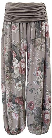 Yoga Hose Flatterhose Damen luftige Haremshose Sommerhose mit Rosen leichte Strandhose Hippie (40-42, Beige)