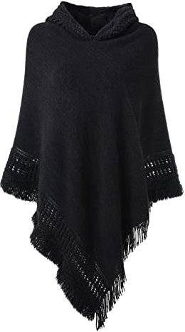 Ferand Damen Poncho mit Kapuze und gehäkeltem Cape mit Fransensaum für Herbst Winter - One Size - Schwarz