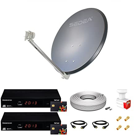 Kit de antena parabólica de acero, 85 cm, 38,2 DB Antracita, LNB Twin Full HD 4K Ultra HD + 2 decodificadores DS81 HD TNTSAT + cable coaxial de 50 m + 2 cables HDMI + 4 conectores F