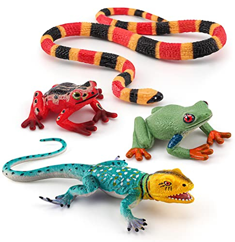 BRETOYIN Forest Snake Figurine Lizard Figures Frog Figures 4PCS Tropical Forest Animals Figurines Frog Toys School Project Model for Kids Toddlers Birthday Gift Cake Toppers